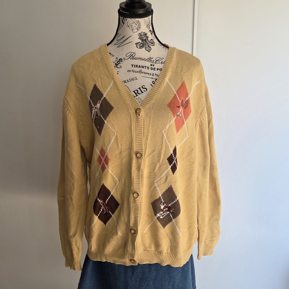 Vintage Tavi International Golf Cardigan M – Beige Argyle Knit with Dog, Golf Ba